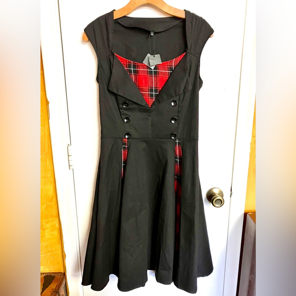 Retro Black and Red Plaid Swing Dress with Cap Sleeves - NWT